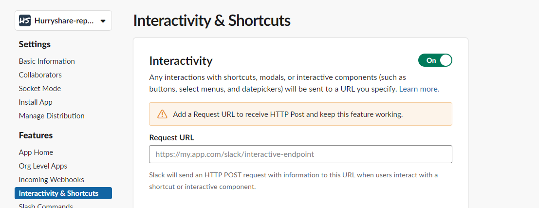 Interactivity and shortcuts slack app